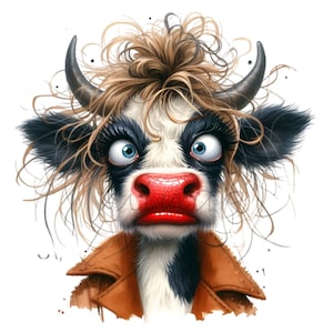 Vache originale avec rouge à lèvres Clipart 15 PNG - Art drôle de vache dans une veste en cuir pour projets numériques, scrapbooking et travaux manuels