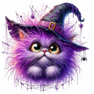 12 Witch Cat PNG Clipart - Cute Furry Purple Kitten with Wizard Hat & Webs - Halloween Digital Download