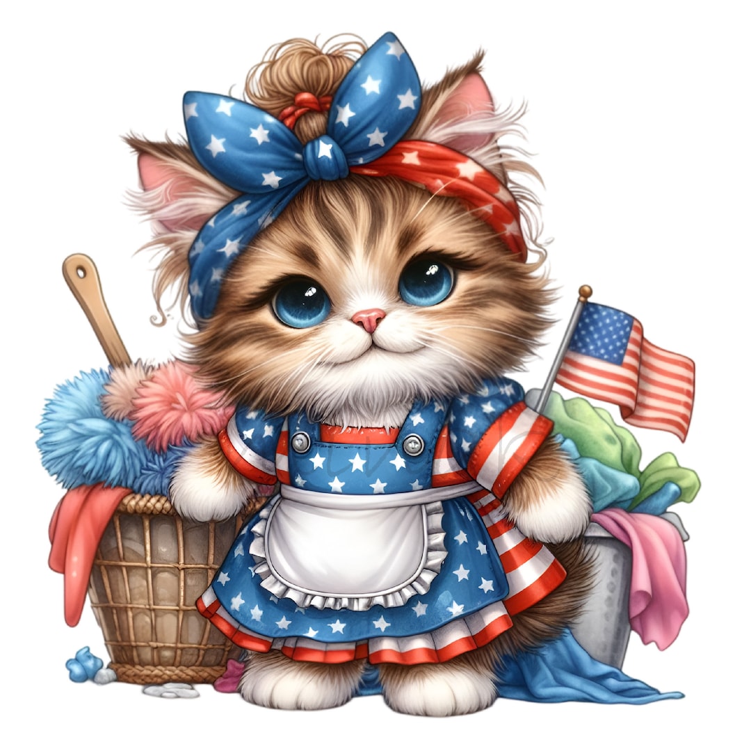 12 Patriotic Kitten PNG Clipart - Cute Fluffy Cat in USA Flag Dress ...