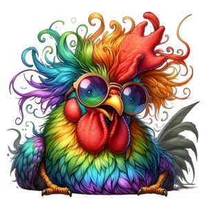 12 gallos arcoíris PNG, imágenes prediseñadas de pollos divertidos, descarga digital de gallinas hipster coloridas, arte de granja genial para sublimación