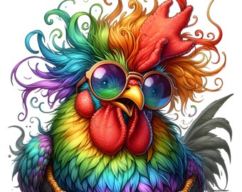 12 Rainbow Rooster PNG, Funky Chicken Clipart, Colorful Hipster Hen Digital Download, Cool Farmhouse Art for Sublimation