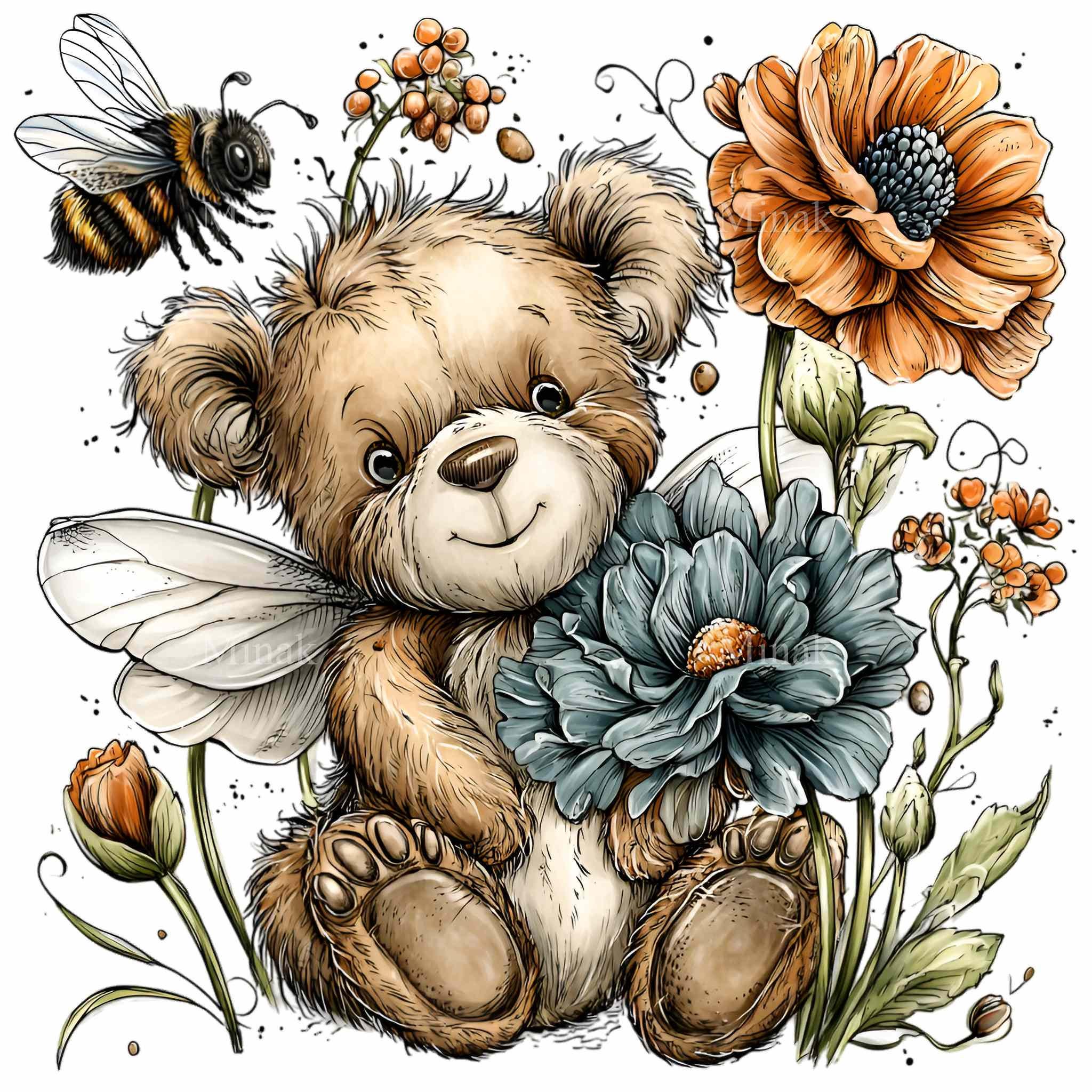 10 PNG Vintage Bear With Bee Floral Clipart Sublimation - Etsy