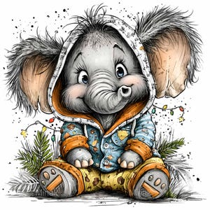 May include: A watercolour illustration of a baby elephant wearing a blue and orange hooded jacket and yellow leopard print trousers. The elephant has large ears and blue eyes, and is sitting down. A string of lights and greenery are in the background.