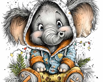 14 PNG Winter Elephant Clipart, Christmas Hoodie Jacket Sublimation