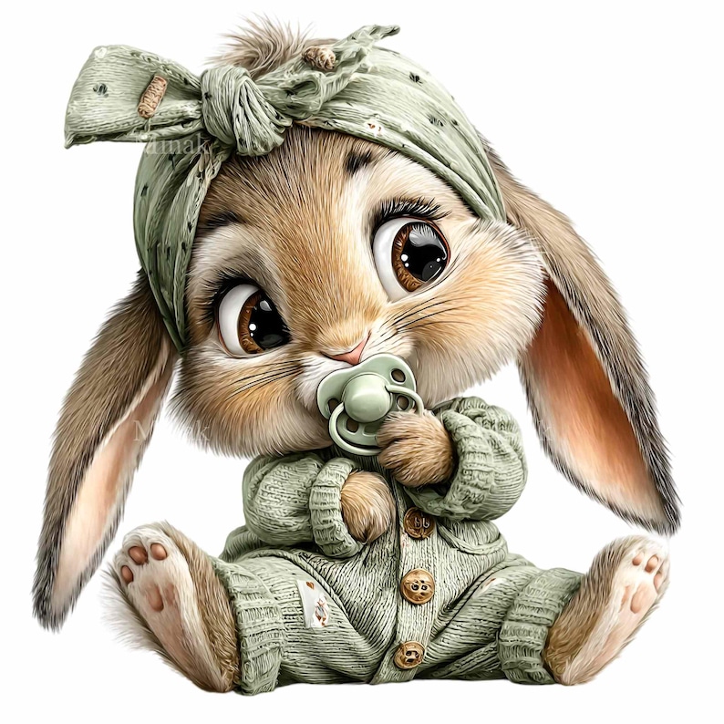 May include: A cute baby bunny illustration with large brown eyes, wearing a green outfit and a matching headband. The bunny is holding a green pacifier. The image has a soft, pastel color palette.