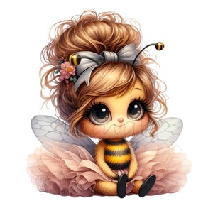 10 Clipart PNG mignon abeille fille, adorable abeille avec de grands yeux, noeud et robe en tulle rose, téléchargement numérique insecte dessin animé