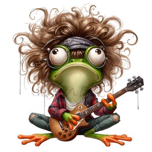 15 Rockstar Frog PNG-clipart - eigenzinnige kikker met wild haar, gitaar, bandana en bril - digitale download