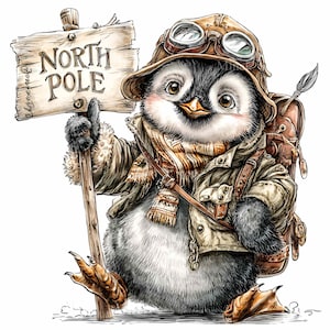 15 PNG Pingouin explorateur - Aventure hivernale Clipart PNG - Joli oiseau de voyage avec lunettes et écharpe pour cartes de vœux, autocollants et décoration
