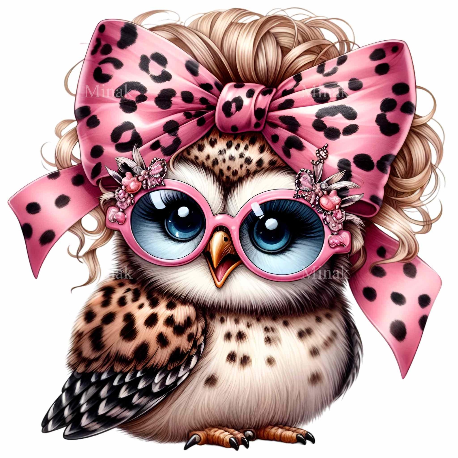 12 PNG Cute Owl With Pink Glasses and Leopard Bow PNG Clipart, Stylish ...