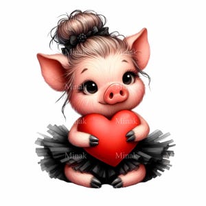 12 PNG di maialino di San Valentino - Simpatica ballerina maialino con clipart a forma di cuore - Arte animale d'amore per lavoretti, biglietti e decorazioni per bambini