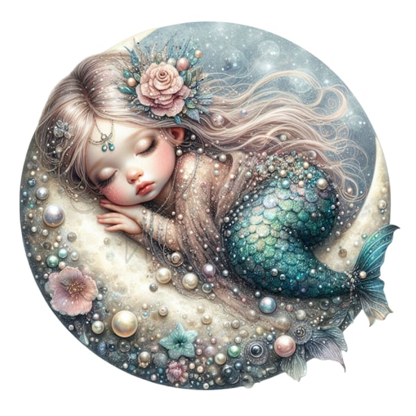 Sirène Clipart, Sleep Moon Clip Art, 10 PNG aquarelle conte de fées Clip Art, décor de chambre d’enfant, Beach Party imprimable, fabrication de cartes couleurs pastel