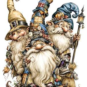 May include: Three gnomes with long white beards and pointed hats. The left gnome wears a tan hat, the center gnome has a tall blue patchwork hat, and the right gnome wears a blue hat, holds a lantern, and stands next to a broom and pumpkin.