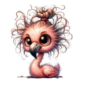 K&ouml;nnte beinhalten: Ein skurriler Cartoon-Flamingo mit gro&szlig;en, ausdrucksstarken Augen und einem unordentlichen Dutt. Der Flamingo ist haupts&auml;chlich rosa mit einem dunklen Schnabel und sitzt. Das Bild hat einen weichen, illustrativen Stil, perfekt f&uuml;r Kinderdekorationen oder verspielte Designs.