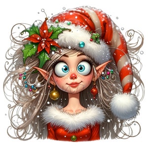 Puede incluir: Un elfo de Navidad con el pelo largo y rubio, que lleva un gorro de Pap&aacute; Noel a rayas rojas y blancas con un pomp&oacute;n blanco, un vestido rojo y blanco y pendientes de oro. El elfo tiene la nariz rosada y grandes ojos azules.