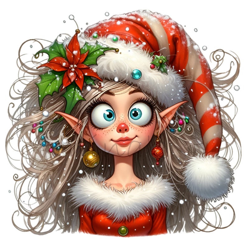 Puede incluir: Un elfo de Navidad con el pelo largo y rubio, que lleva un gorro de Pap&aacute; Noel a rayas rojas y blancas con un pomp&oacute;n blanco, un vestido rojo y blanco y pendientes de oro. El elfo tiene la nariz rosada y grandes ojos azules.