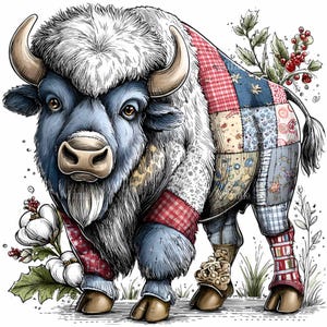 Op de afbeelding: Een geïllustreerde bizon met een blauw gezicht en witte vacht, versierd met patchworkstof. De bizon heeft bruine ogen en hoorns, met rood-witte geruite accenten op de poten. Decoratieve bloemelementen omringen de bizon.