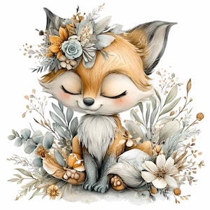 May include: A charming illustration of a cartoon fox with closed eyes, adorned with a floral crown. The fox has orange fur, a white chest, and is surrounded by soft, muted-toned foliage and flowers. The overall aesthetic is whimsical and gentle.