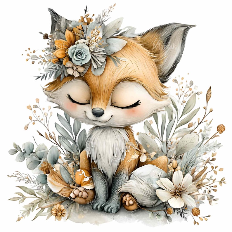 May include: A charming illustration of a cartoon fox with closed eyes, adorned with a floral crown. The fox has orange fur, a white chest, and is surrounded by soft, muted-toned foliage and flowers. The overall aesthetic is whimsical and gentle.