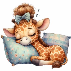 16 PNG Sleeping giraffe clipart – Cute baby giraffe PNG – Dreamy animal art with pillows for nursery prints, baby shower or kids room decor