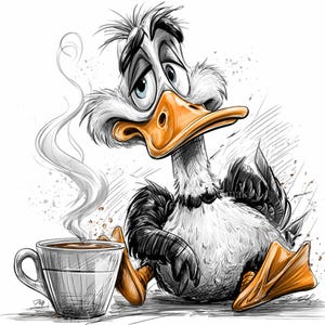 Puede incluir: Ilustración detallada de un pato de dibujos animados con una expresión cansada, sentado junto a una taza de café humeante. El pato tiene plumas blancas y negras, un pico y patas naranjas y ojos azules. La taza de café es gris y blanca.