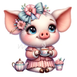 10 imágenes prediseñadas de cerditos para la fiesta del té (PNG): linda ilustración PNG: arte de cerditos pastel para baby shower, decoración infantil, diseños de cupcakes y té