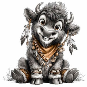 K&ouml;nnte beinhalten: Eine Cartoon-Illustration eines l&auml;chelnden, pelzigen Bullenkalbes mit braunen Augen, das ein beiges Halstuch, Perlenketten und Federakzente tr&auml;gt. Das Kalb sitzt mit gekreuzten Beinen vor wei&szlig;em Hintergrund.