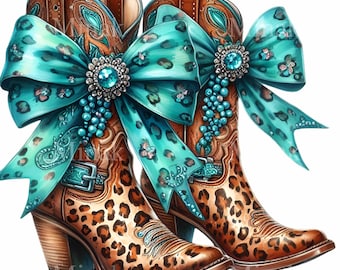 12 Turquoise Cowboy Boots PNG Clipart with Big Bow – Western Digital Art for Country Crafts, Fashion and Rodeo Decor