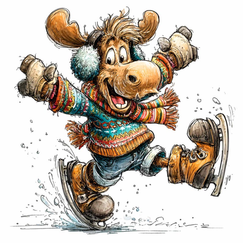 10 imágenes PNG de alces patinando sobre hielo: suéter, bufanda, guantes, patines, arte invernal.