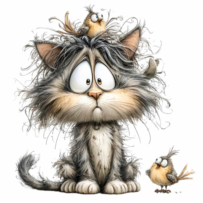 May include: A cartoon illustration of a wide-eyed, distressed cat with messy fur, and two small birds. One bird sits atop the cat's head, and the other stands beside it. The cat is primarily gray and white, with large, expressive eyes.
