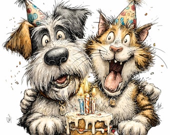 Puede incluir: Ilustración caprichosa de un perro y un gato celebrando un cumpleaños. Ambos animales llevan sombreros de fiesta y sonríen ampliamente. Entre ellos hay un pequeño pastel con velas encendidas. El perro es negro, blanco y marrón, mientras que el gato es naranja y blanco.