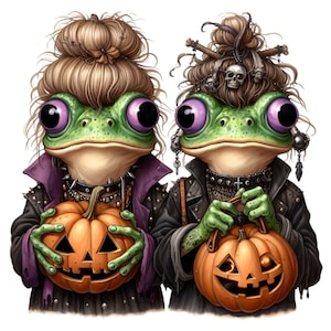 12 cliparts d'Halloween grenouille gothique PNG – Crapauds citrouilles PNG – Couple alternatif de grenouilles effrayantes pour travaux manuels, chemises, décoration