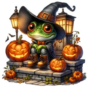 12 Halloween grenouille PNG Clipart, crapaud sorcière mignon avec citrouilles et lanterne, téléchargement numérique pour sublimation et autocollants