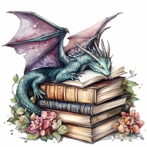 15 Schlafender Drache PNG Clipart – Fantasy Drache ruht auf Büchern mit Blumen – Mystische Buchliebhaber Kunst
