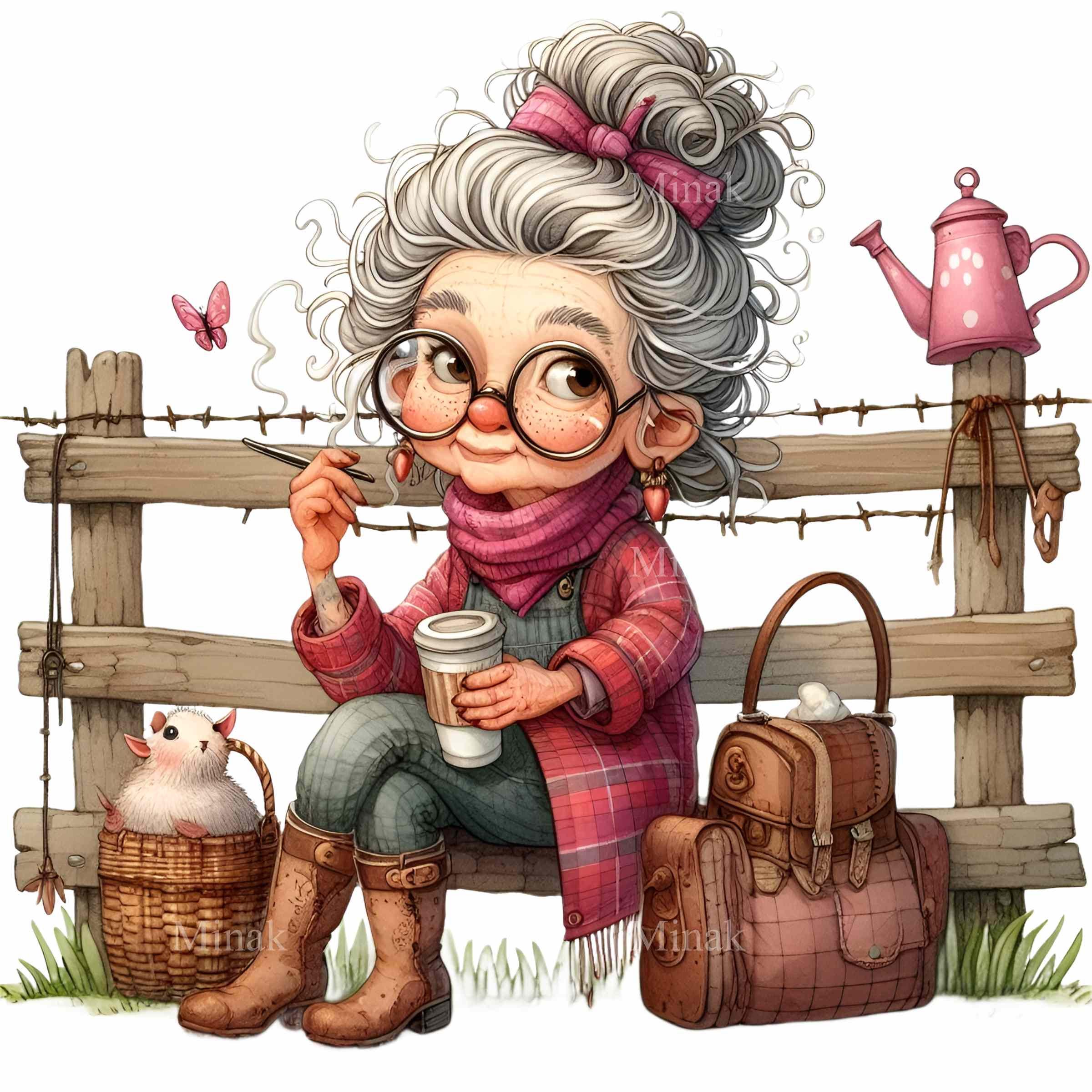 14 PNG Quirky Grandma Clipart – Funny Old Lady PNG – Whimsical Fence ...
