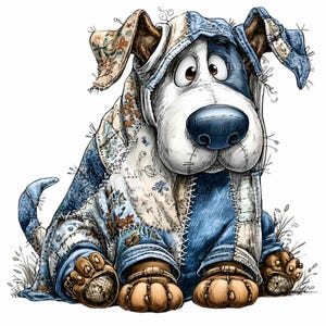 May include: A charming cartoon dog illustration, dressed in a patchwork outfit. The dog features a white face, a blue nose, and large eyes. The outfit combines blue and floral patterned fabrics, with visible stitching. The dog is depicted in a seated position.
