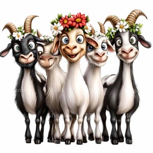 12 divertidas cabras con coronas florales PNG Clipart - Animales de granja de dibujos animados extravagantes para proyectos creativos y decoración