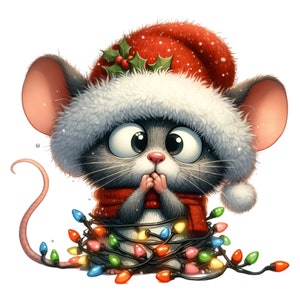 12 PNG Christmas mouse with lights - cute holiday PNG clipart for cards, mugs, wall art, kids crafts, seasonal designs and sublimation