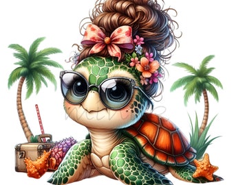 May include: A cartoon turtle wearing sunglasses and a flower crown, with a brown bun hairstyle, is sitting on a beach with a suitcase and palm trees.