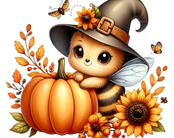 Può includere: Un'ape di cartone animato carina che indossa un cappello da strega e tiene una zucca. L'ape ha occhi grandi e un sorriso amichevole. La zucca è arancione e ha uno stelo verde. L'ape è circondata da foglie autunnali, tra cui girasoli e foglie.
