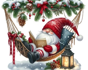 12 Reading Christmas Gnome PNG, Hammock Art Winter Lantern Holiday Sublimation