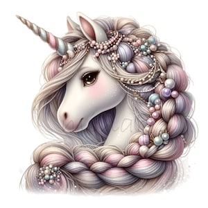 12 Elegantes Einhorn PNG Clipart, Fantasy weißes Einhorn mit geflochtener Perlenmähne, magische Märchen digitale Kunst