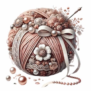 15 Clipart de pelote de laine vintage PNG - Tricot de fleurs de perle PNG - Art de couture élégant pour les artisans, le scrapbooking et les projets de bricolage