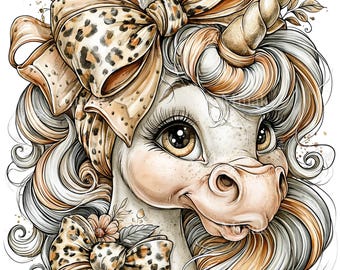 10 Leopard Bow Unicorn Png, Baby Girl Birthday Sublimation Magical Clipart File