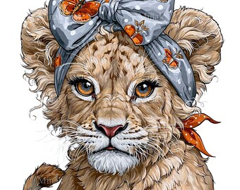 15 Baby Lion With Butterfly Bow Png, Polka Dot Headband Orange Monarch Clipart