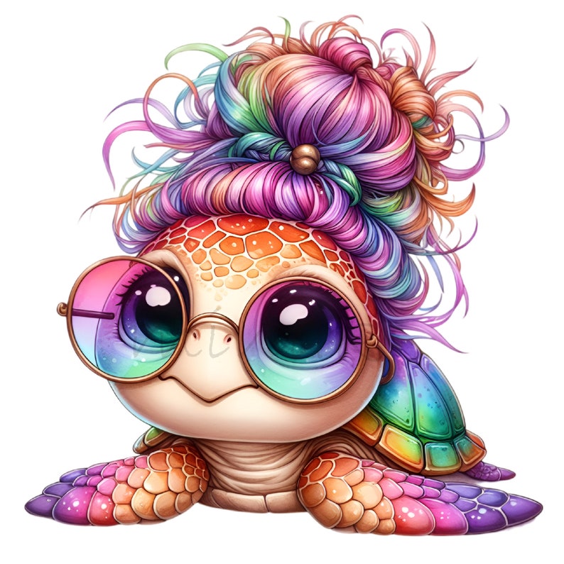 May include: A colorful cartoon turtle with rainbow hair in a bun, wearing round, rainbow-colored sunglasses. The turtle has a rainbow shell and is looking directly at the viewer.