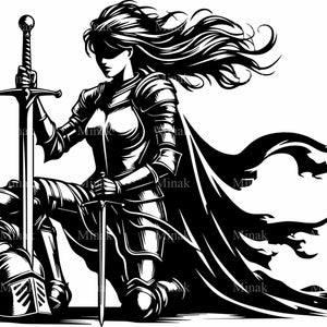 May include: A black and white illustration of a woman in armor kneeling with a sword in her hand. She is wearing a long cloak that is flowing behind her.