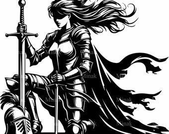 6 SVG Kneeling Female Knight SVG – Warrior Woman with Sword Cut File – Epic Armor Clipart for Cricut & Silhouette Crafts