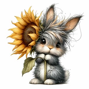10 PNG Coniglietto Girasole - Carino Coniglio PNG Clipart - Coniglietto Soffice che Tiene un Fiore per Bambini Arte Murale, Adesivi, Biglietti e Lavoretti Primaverili