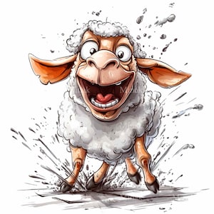 May include: A cartoon white sheep with brown ears is running and splashing through a puddle of water. The sheep has a wide, toothy grin and its tongue is sticking out.