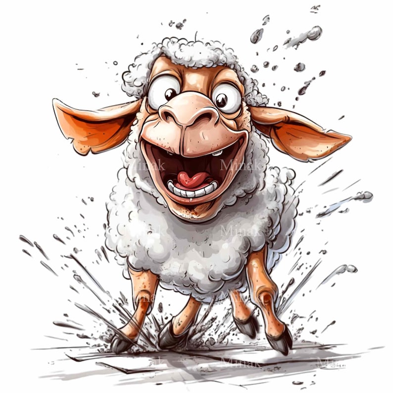 May include: A cartoon white sheep with brown ears is running and splashing through a puddle of water. The sheep has a wide, toothy grin and its tongue is sticking out.